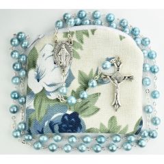 Blue Swirl Rosary with Floral Pouch